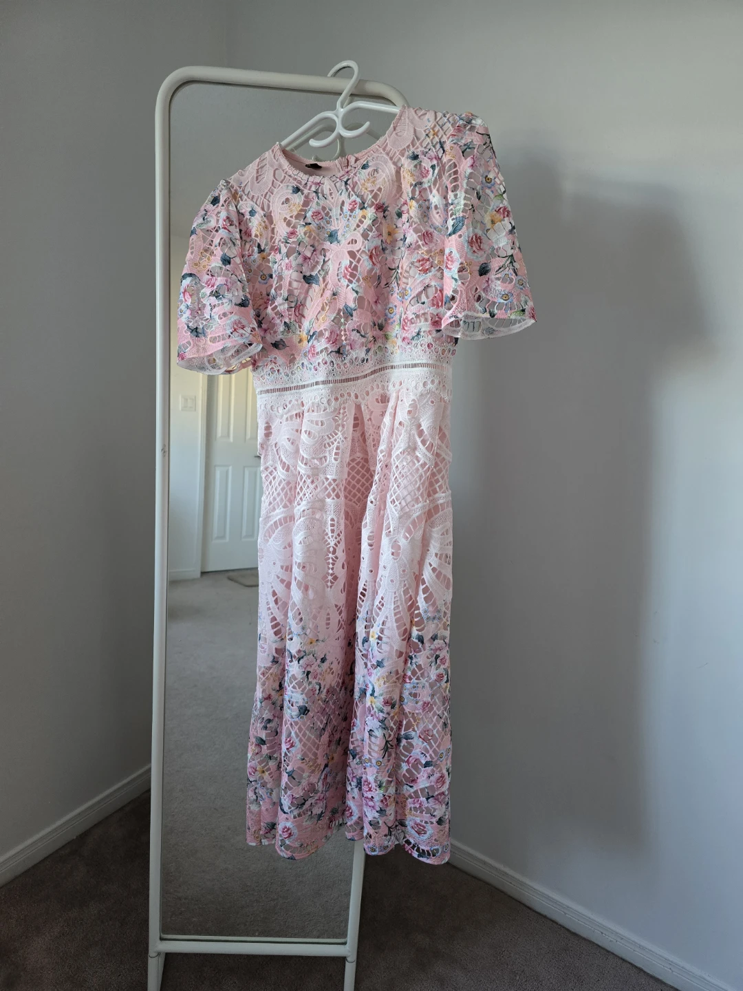 Pink Floral Lace Midi Dress