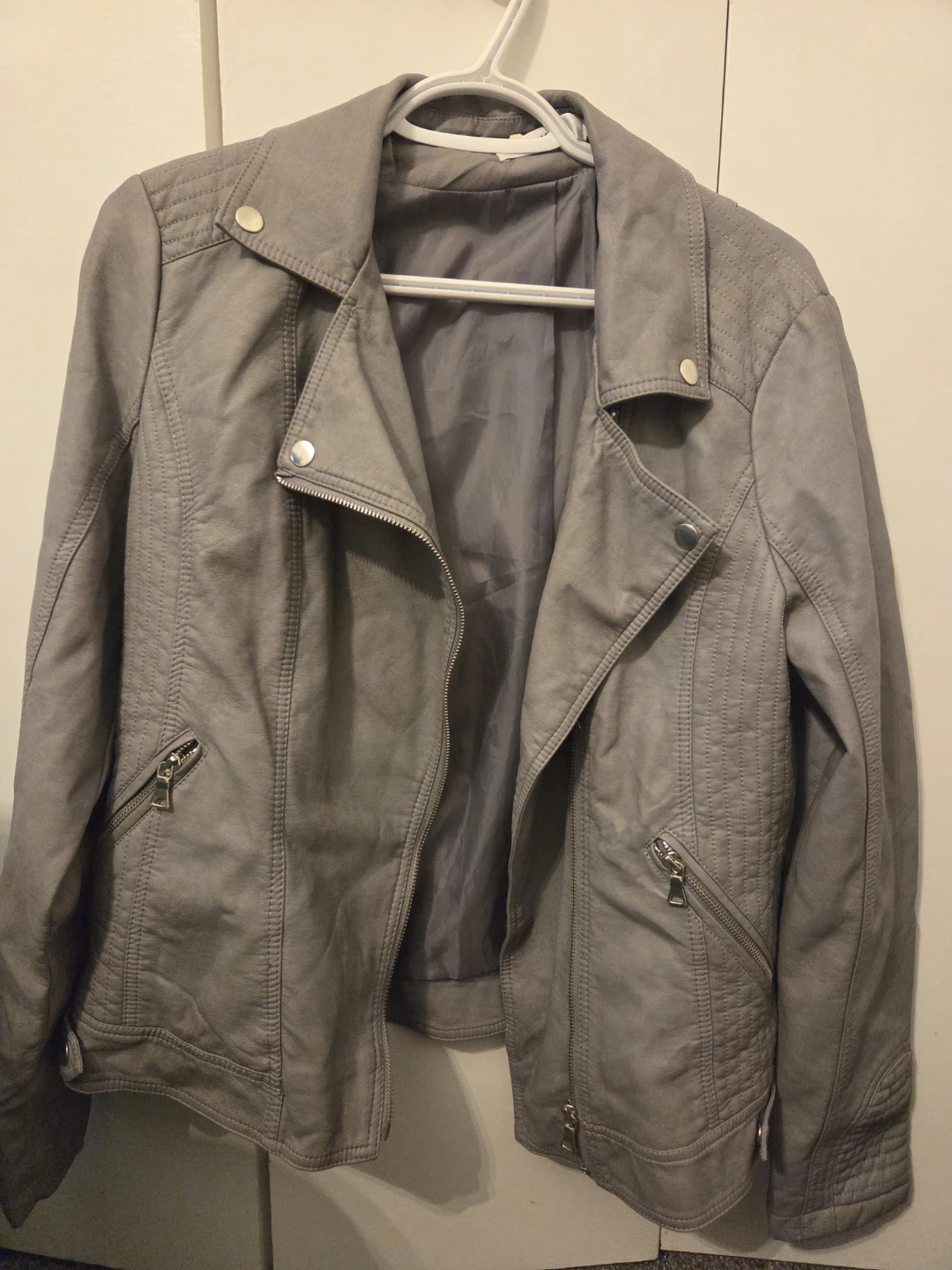 Grey Faux Leather Biker Jacket