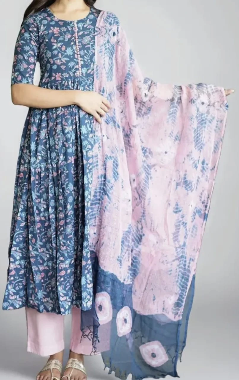 Blue Anarkali Kurta Set with Printed Dupatta