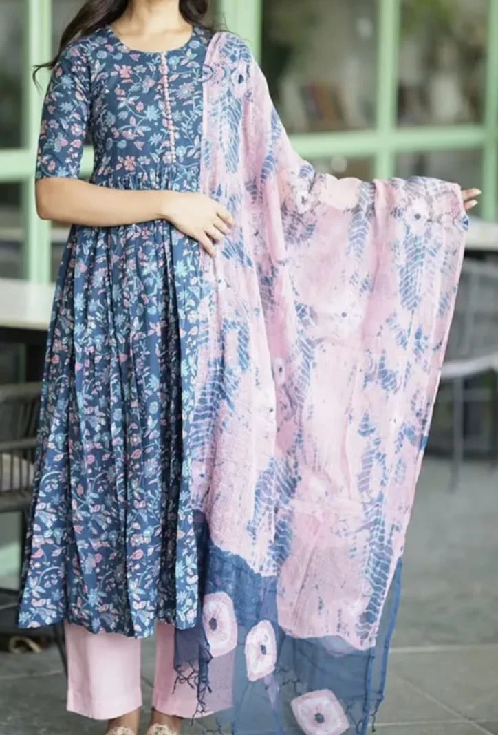 Blue Anarkali Kurta Set with Printed Dupatta - photo 2