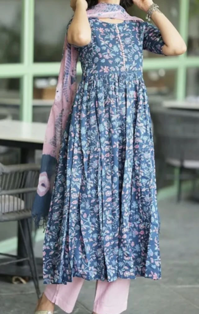Blue Anarkali Kurta Set with Printed Dupatta - photo 3