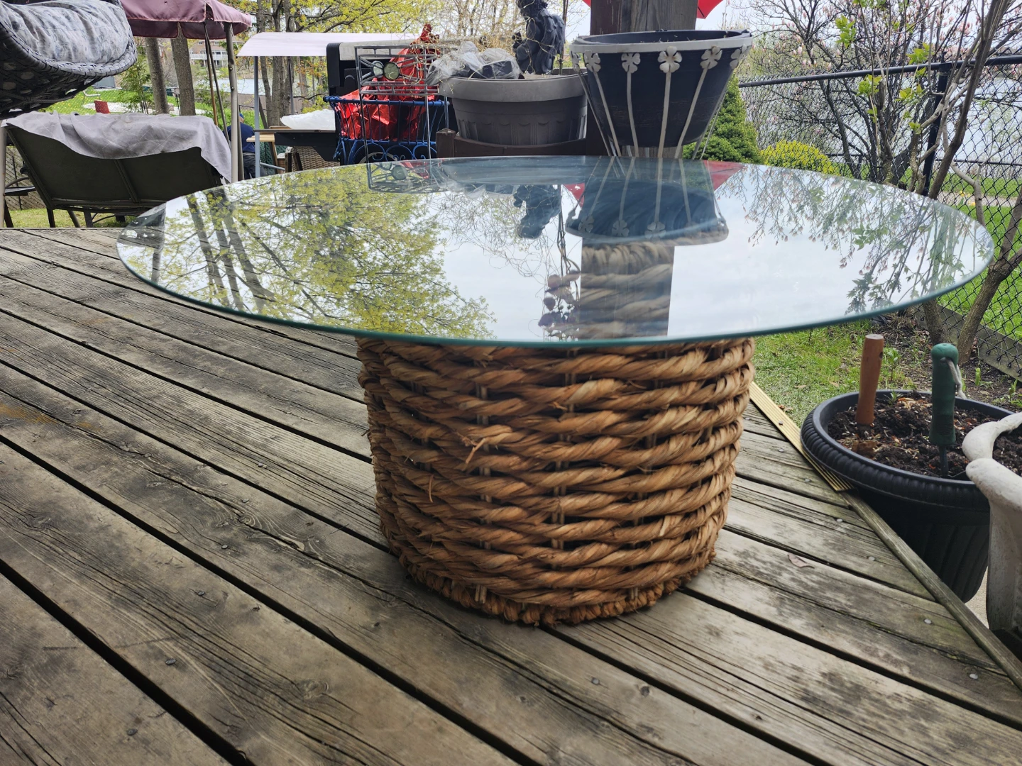 Round Glass Top Coffee Table with Wicker Base