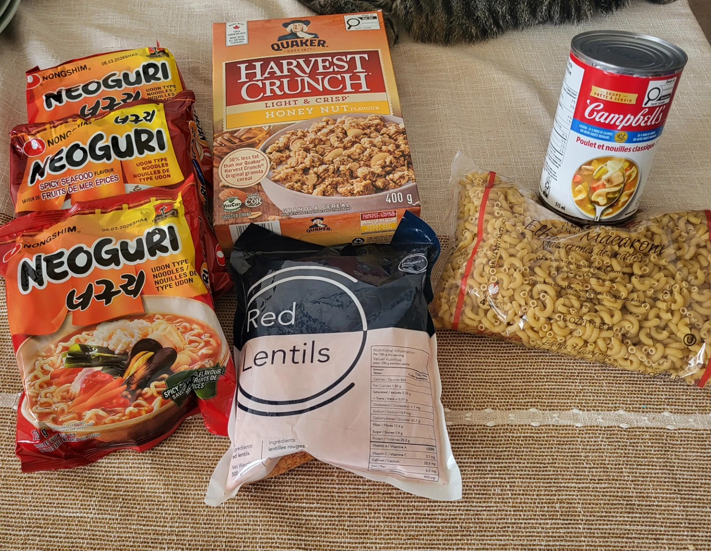 Food items cereal, udon noodles, soup, lentils