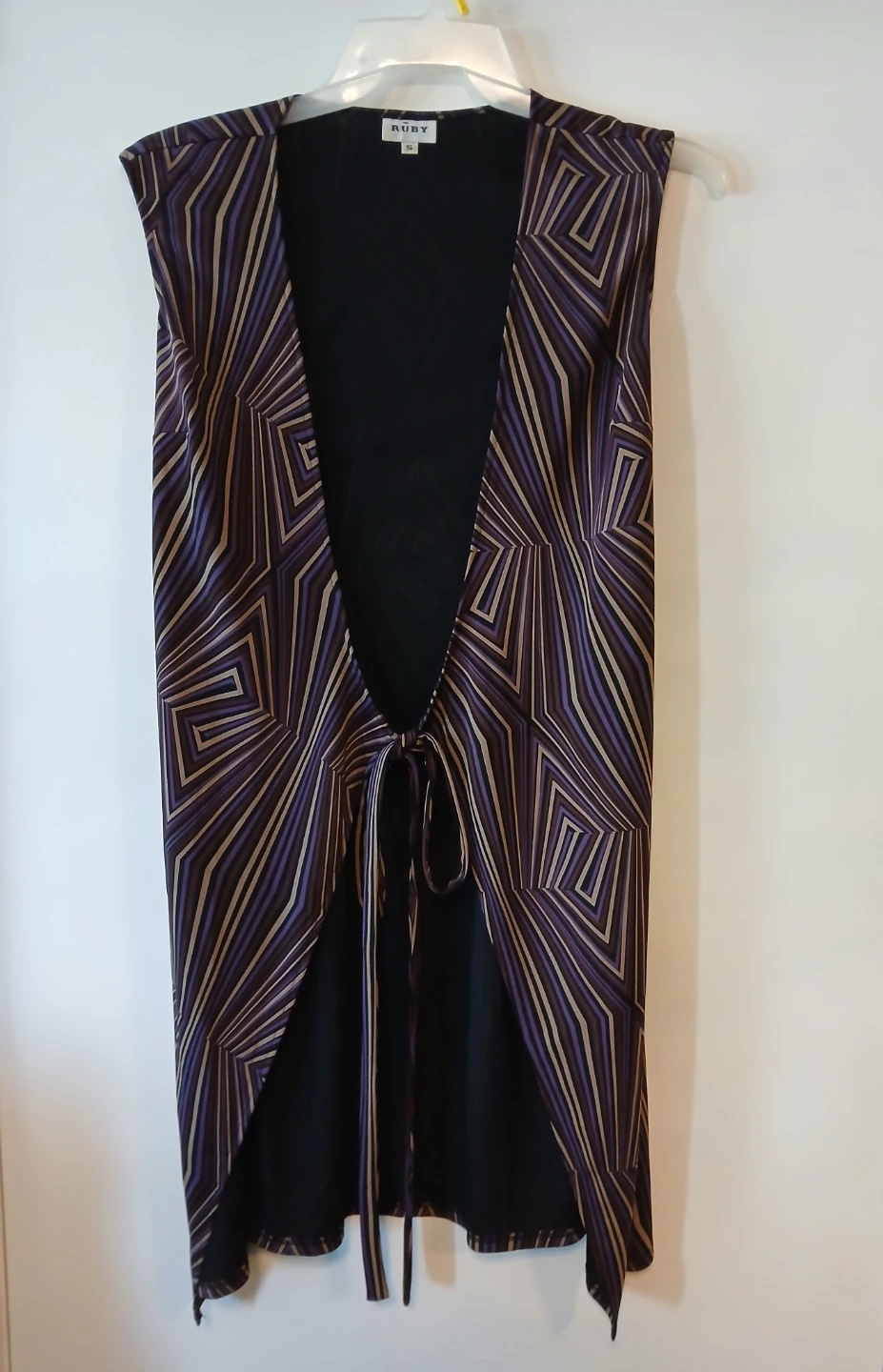 Ruby Sleeveless Geometric Print Tie-Front Long Vest - Size S