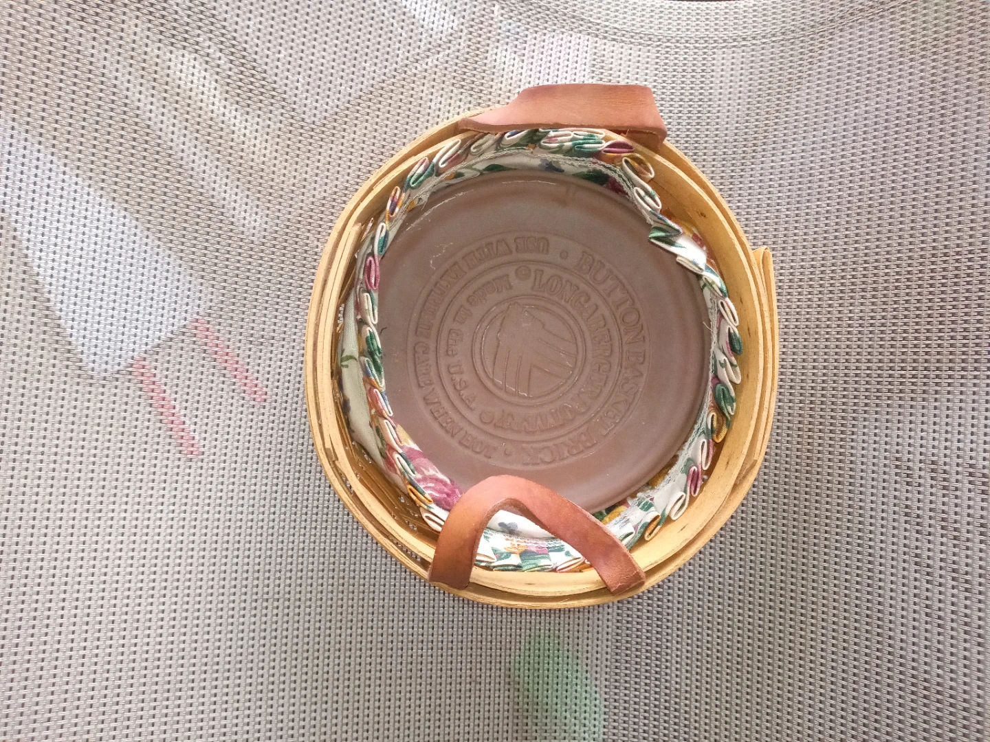 Longaberger Handwoven Button Basket with pottery inside Basket