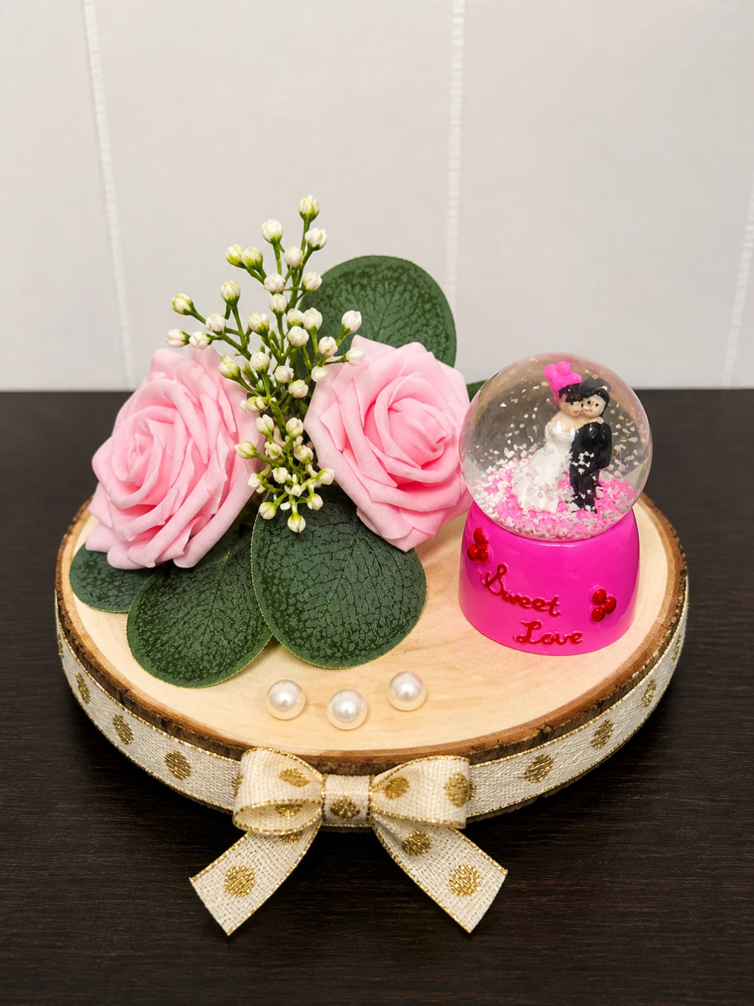 Decorative Wedding Snow Globe with Floral Arrangement