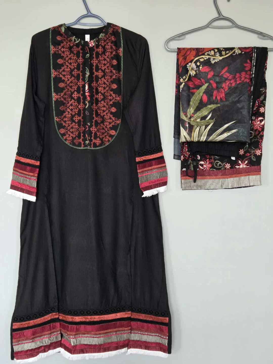 Black 3-piece Suit with Red Embroidery