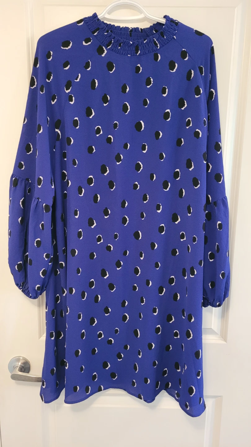 Blue polka dot dress with smocked neck