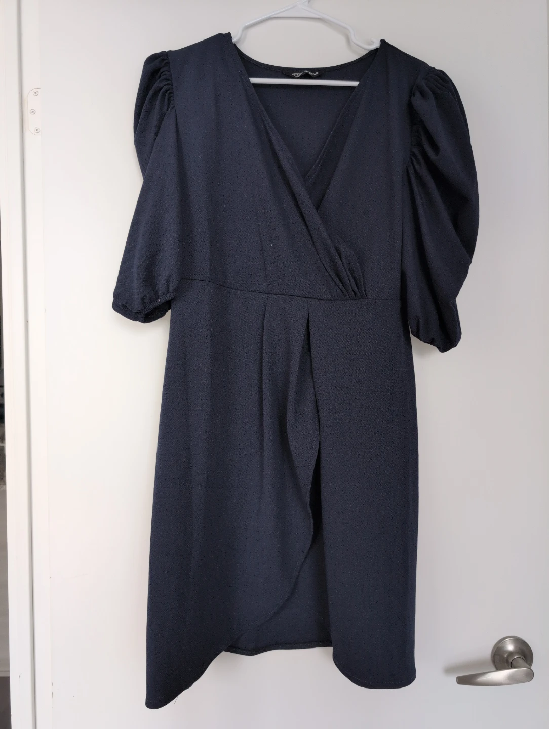 Navy Blue Wrap Dress with Puff Sleeves