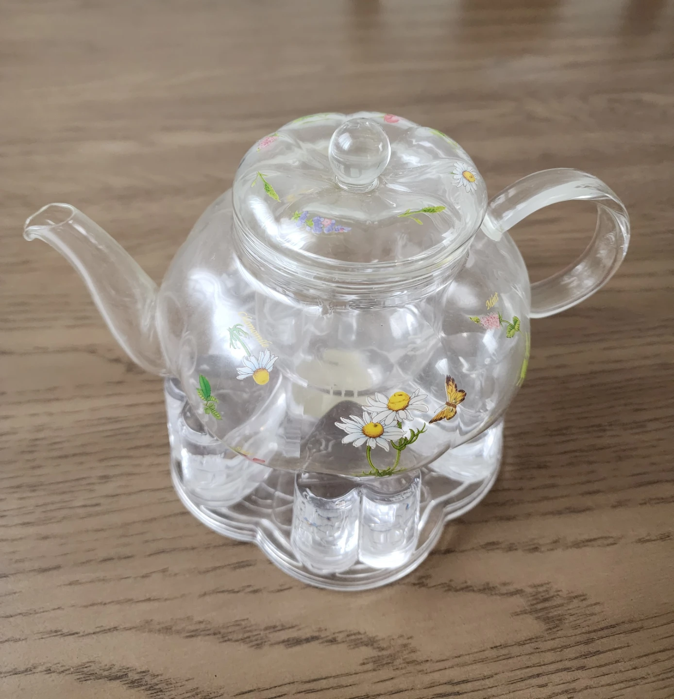Glass Teapot and Cups Set with Floral Design