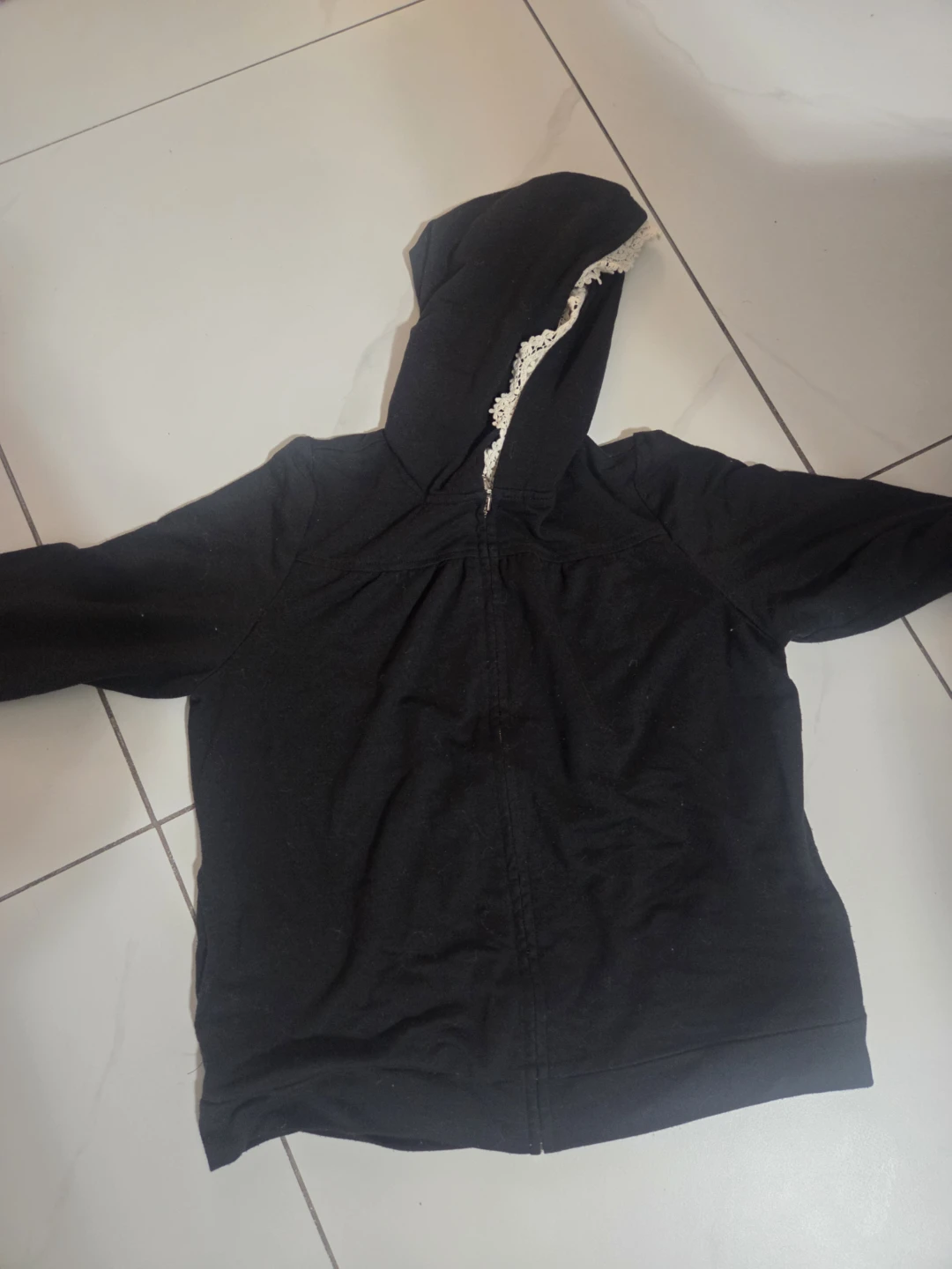 Black Hooded Zip-Up Jacket with Lace Trim