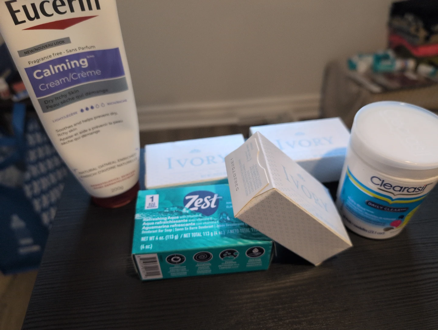 Eucerin, Ivory Soap, Zest Soap, Clearasil Daily Clear
