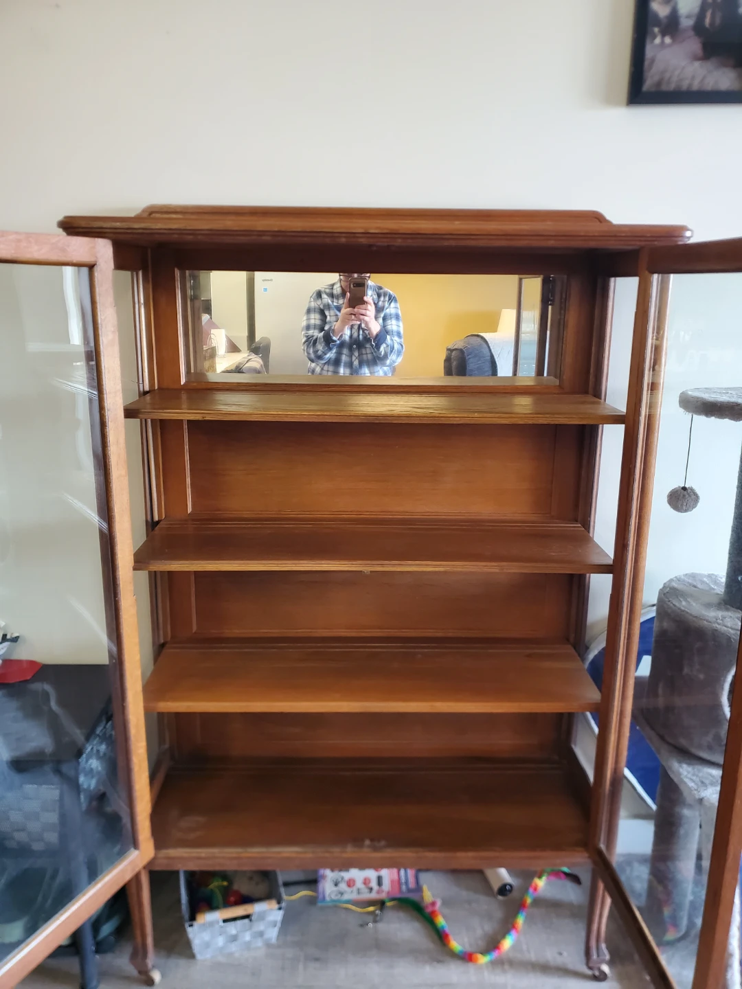 Vintage Wooden Display Cabinet with Glass Doors