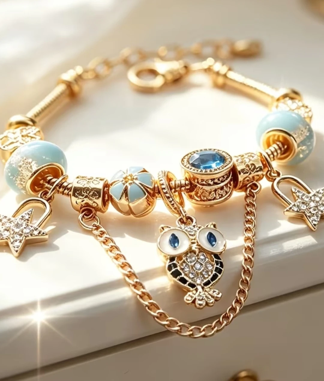 Gold Tone Charm Bracelet with Owl and Star Charms - photo 2