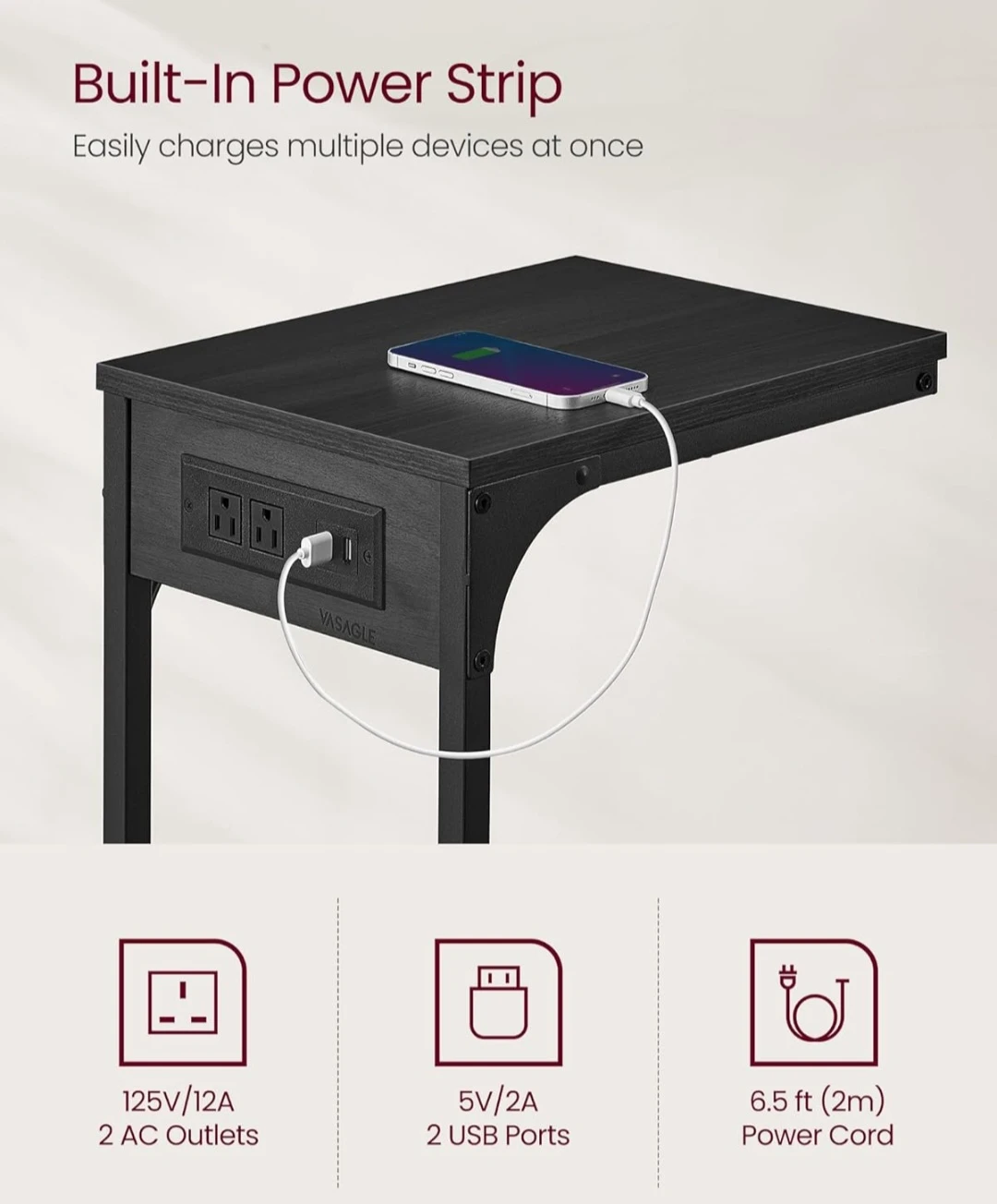 VASAGLE C-Table with Built-in Power Strip - photo 4