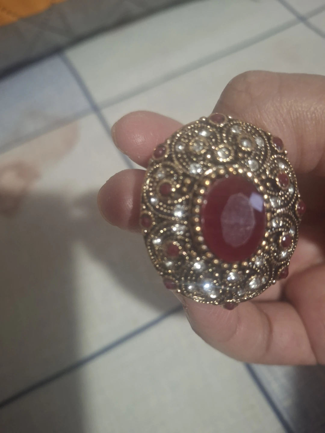 Ornate Statement Ring with Red Stone
