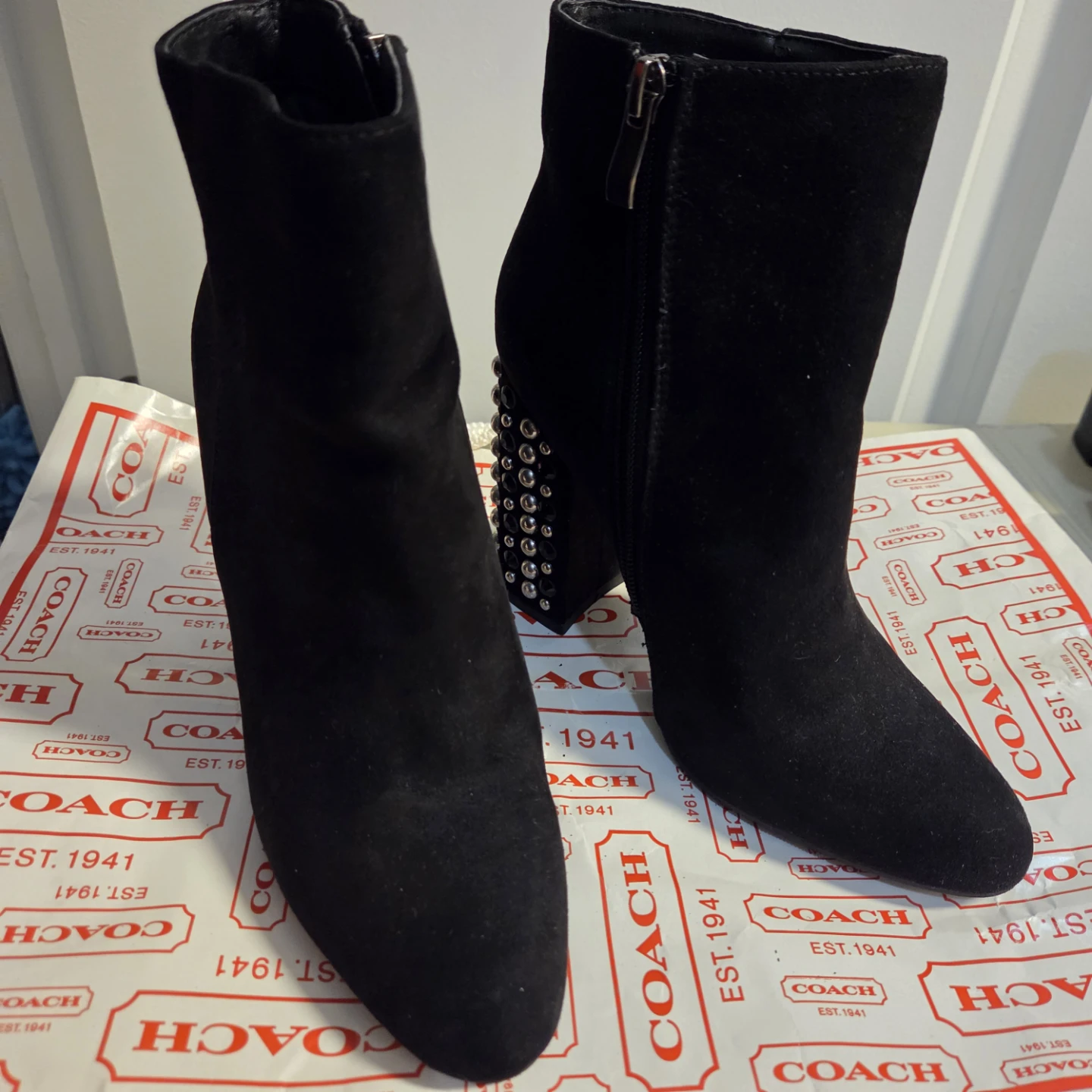 Black Suede Studded Heel Ankle Boots - photo 3