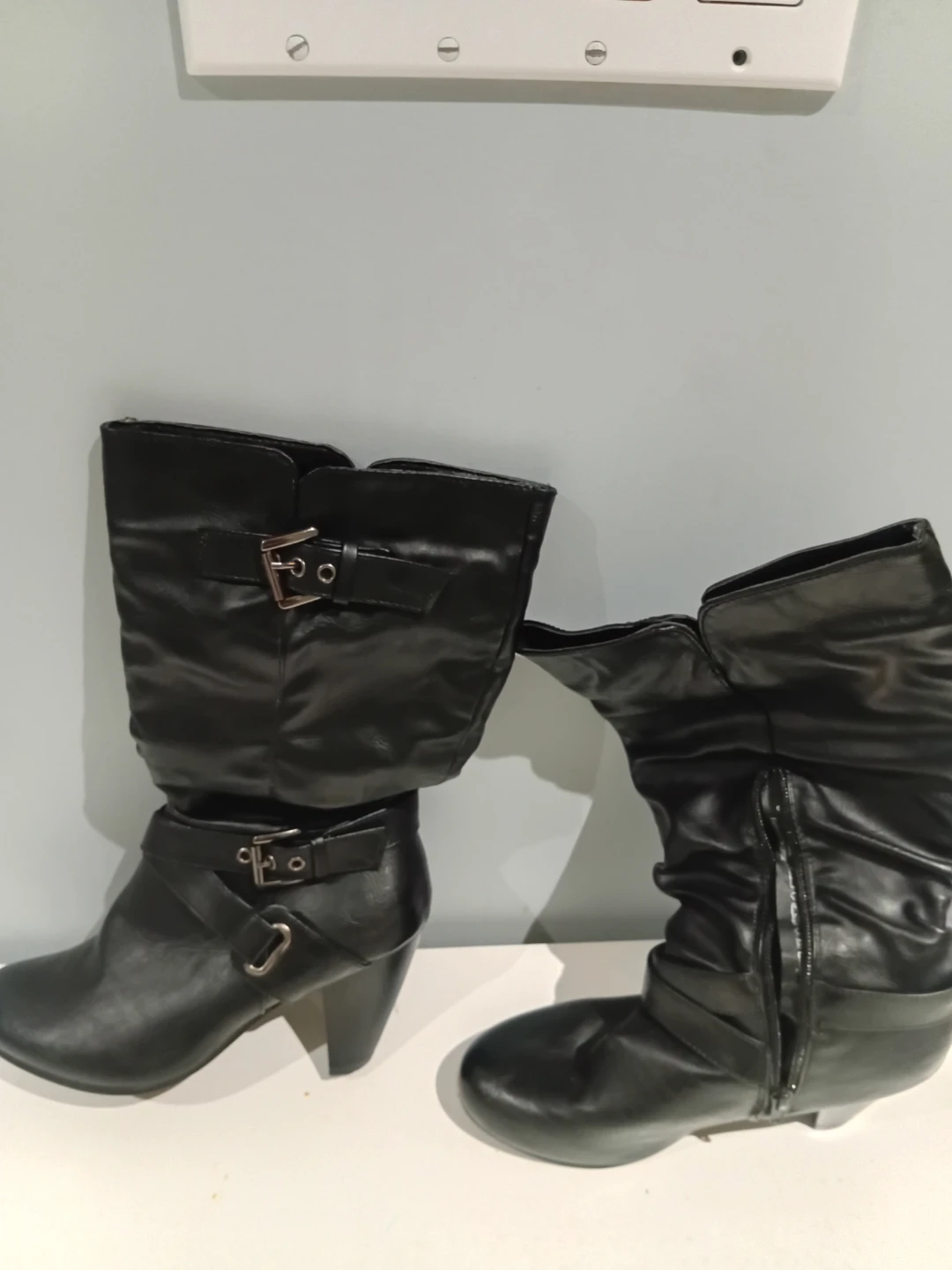 Black Faux Leather Ankle and Mid-Calf Boots with Buckle Detail