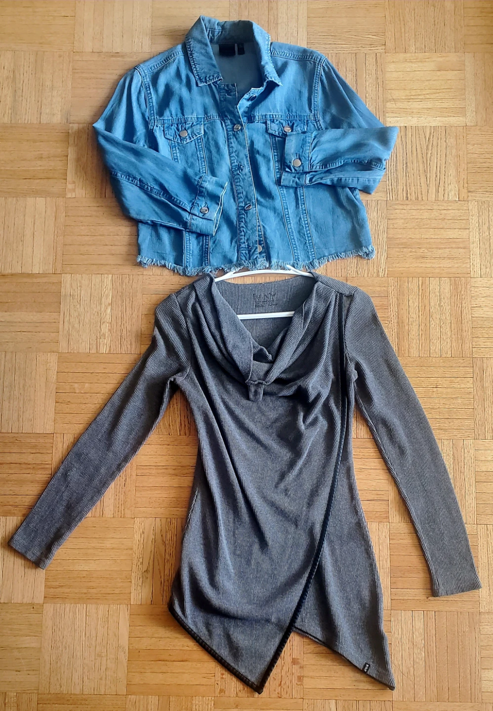 Denim Jacket and Grey Long-Sleeve Top