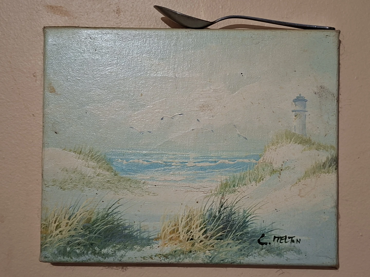 Original Seascape Painting with Lighthouse by C. Melton
