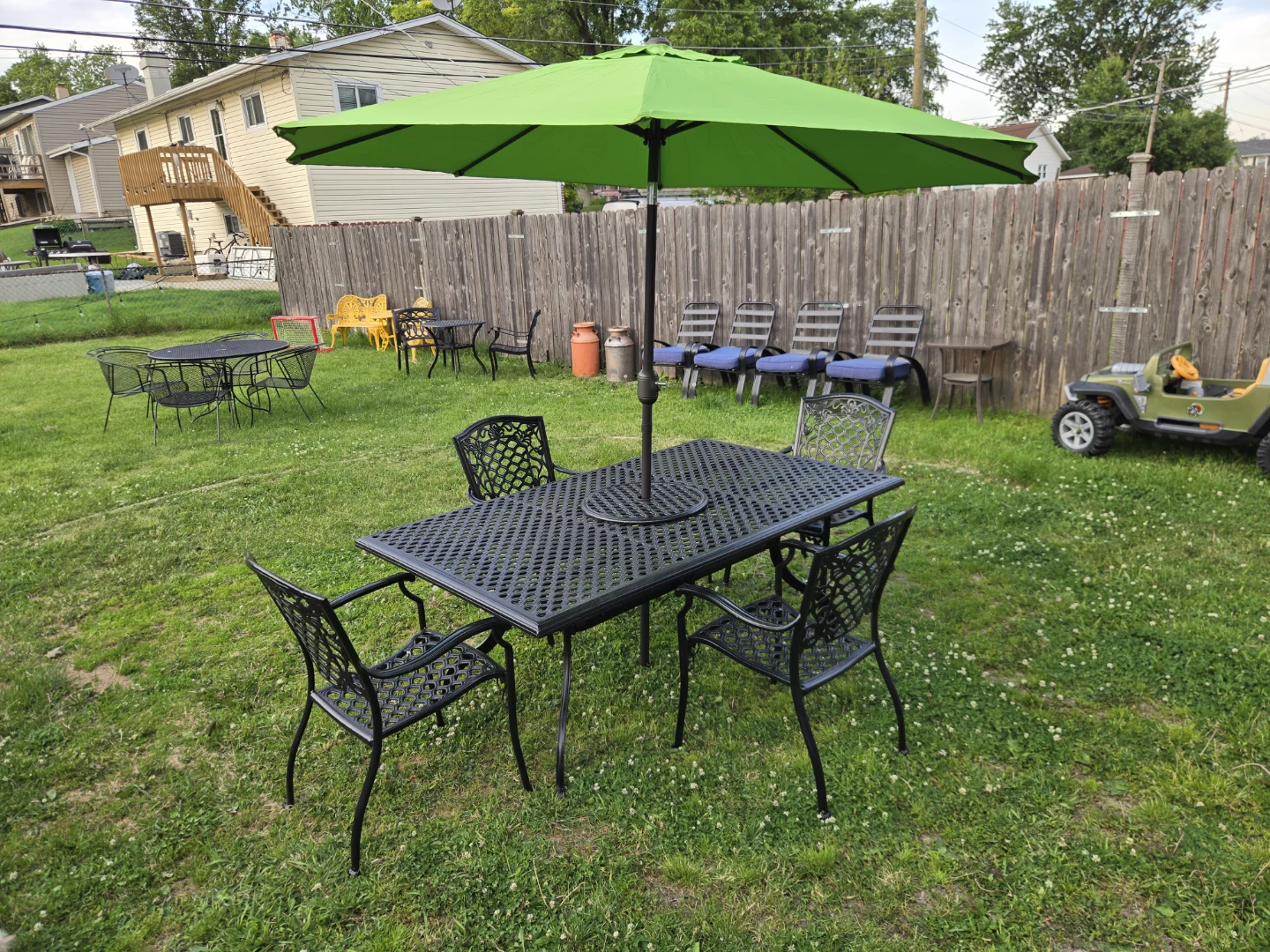 Black Metal Patio Dining Set with Green Umbrella - photo 3