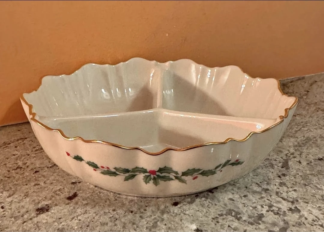 White Divided Serving Dish with Holly and Gold Trim