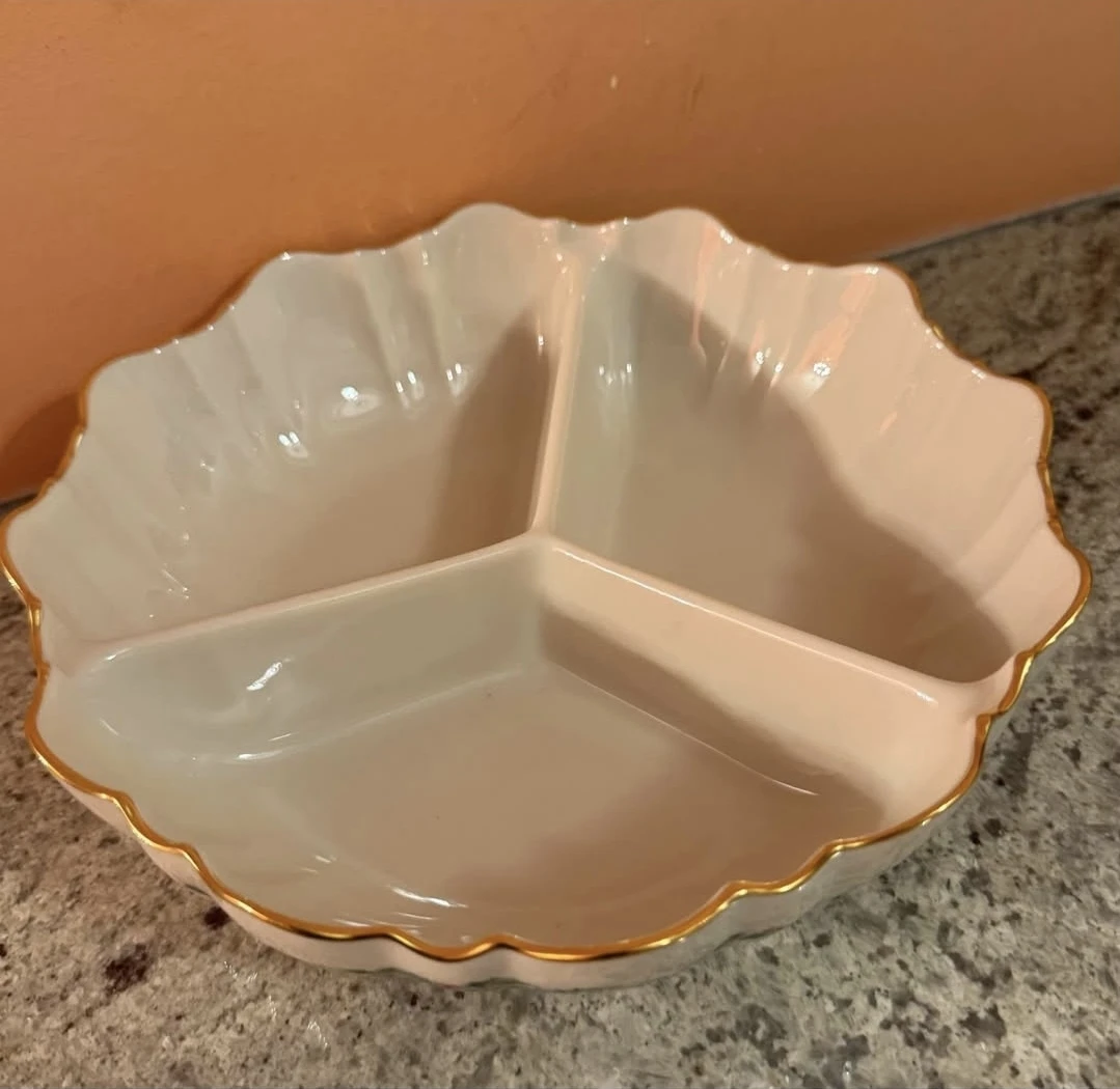 White Divided Serving Dish with Holly and Gold Trim - photo 2