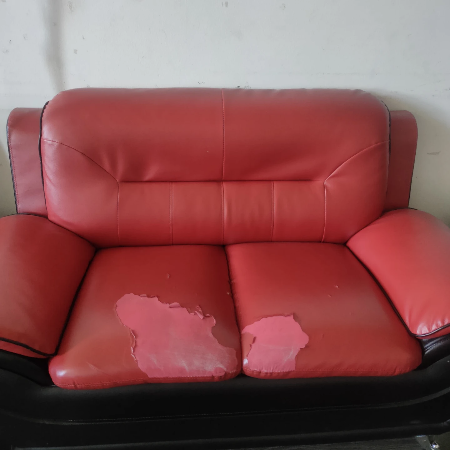 Red Faux Leather Loveseat - Worn Seats - photo 2