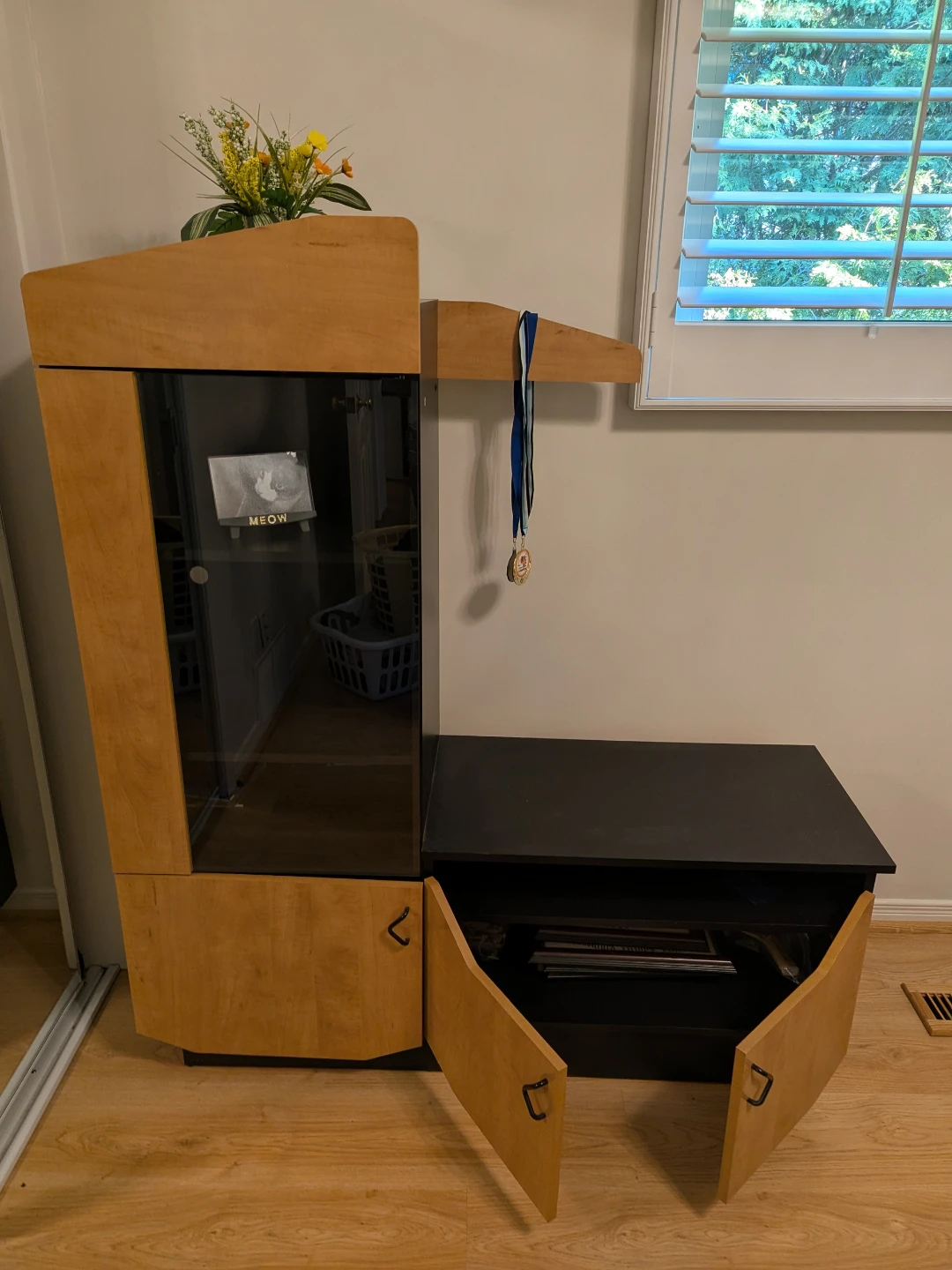Wood and Black Entertainment Unit  book shelves with Glass Door