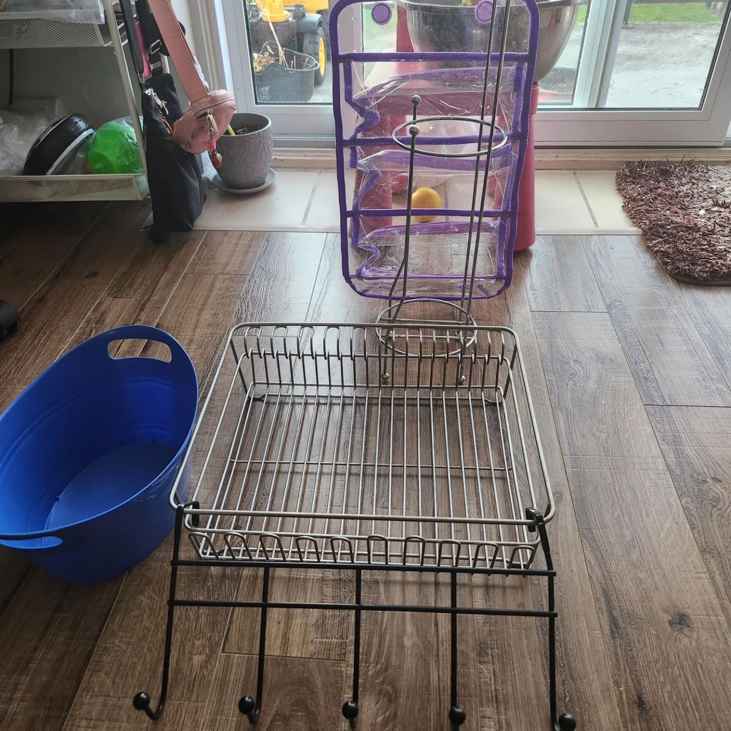 Wire Dish Rack with Hooks and Blue Oval Bucket - photo 2