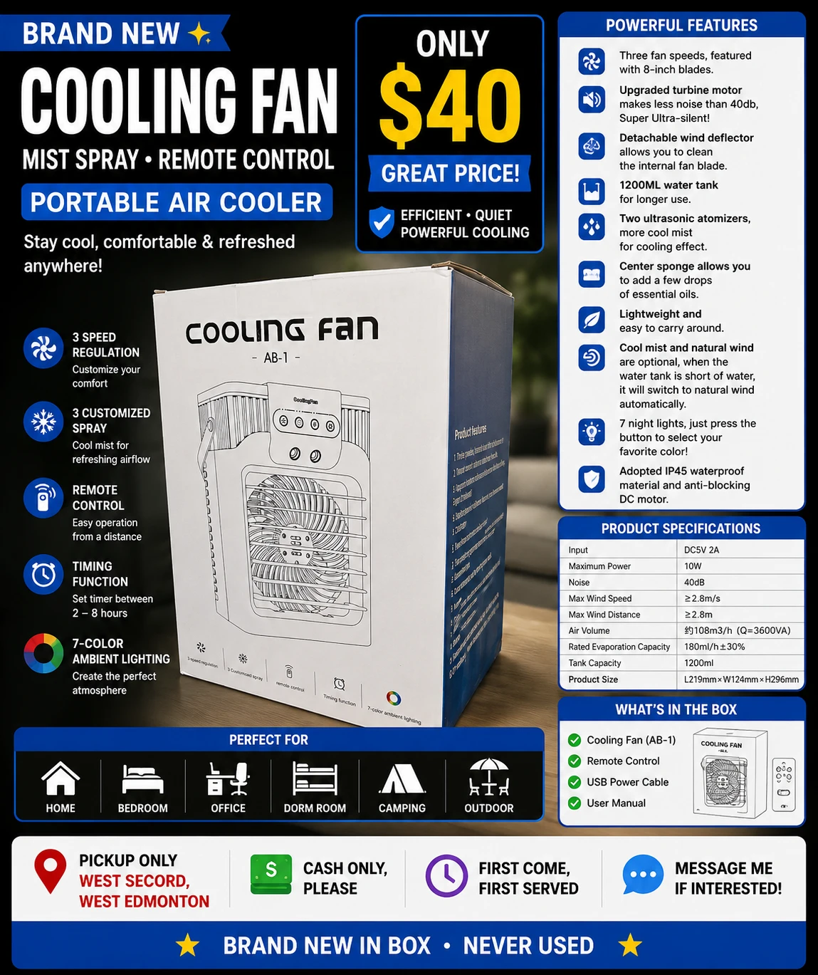 Brand New Cooling Fan AB-1 – Portable Air Cooler – $40