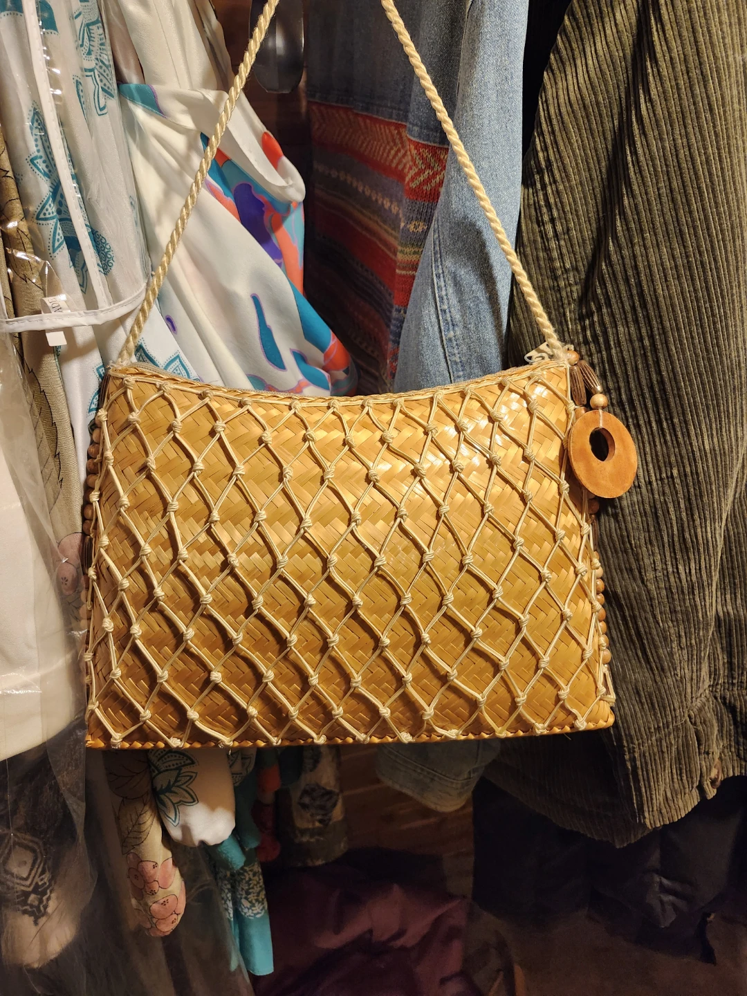Woven Straw Handbag with Wooden Charm