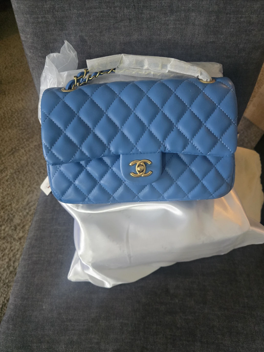 Blue Quilted Flap Shoulder Bag with Gold Chain