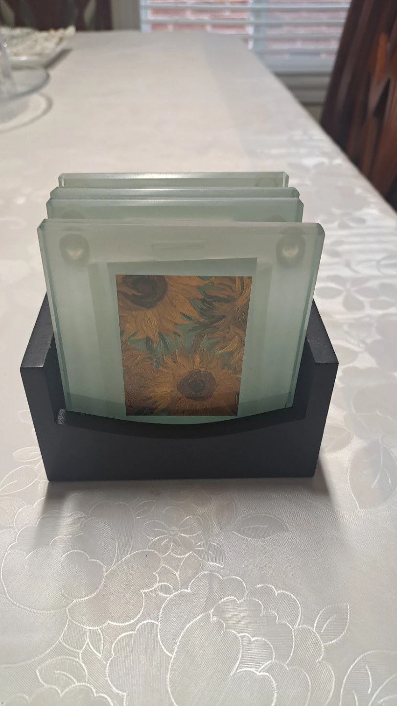 Set of 4 Glass Coasters with Art Prints and Holder