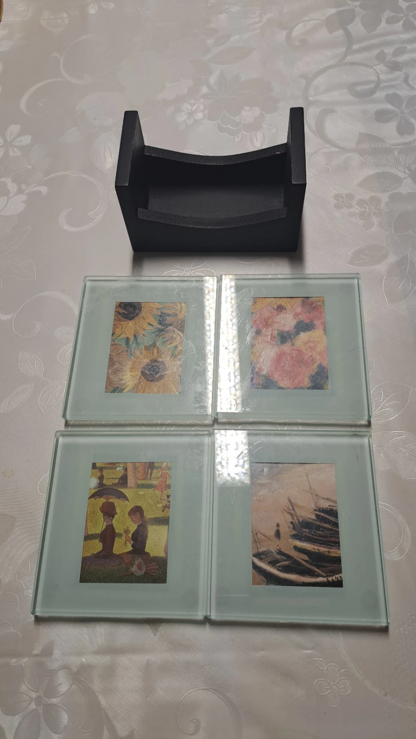 Set of 4 Glass Coasters with Art Prints and Holder - photo 2