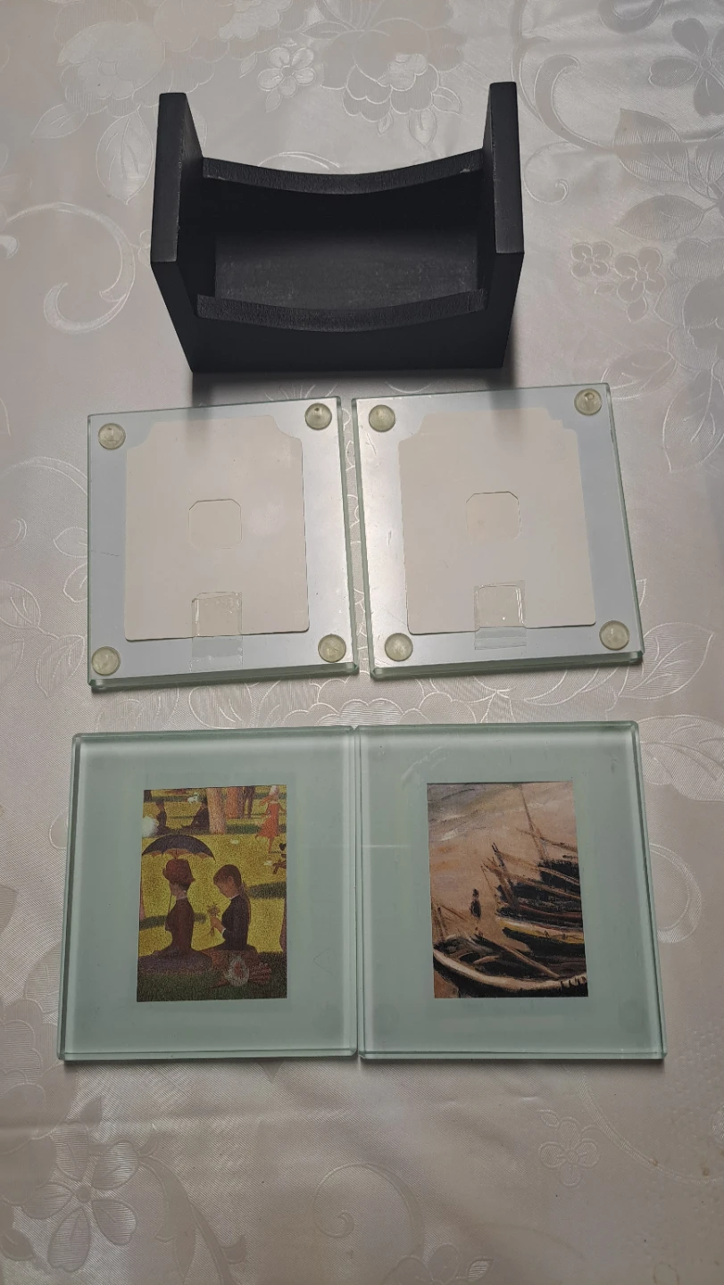 Set of 4 Glass Coasters with Art Prints and Holder - photo 3