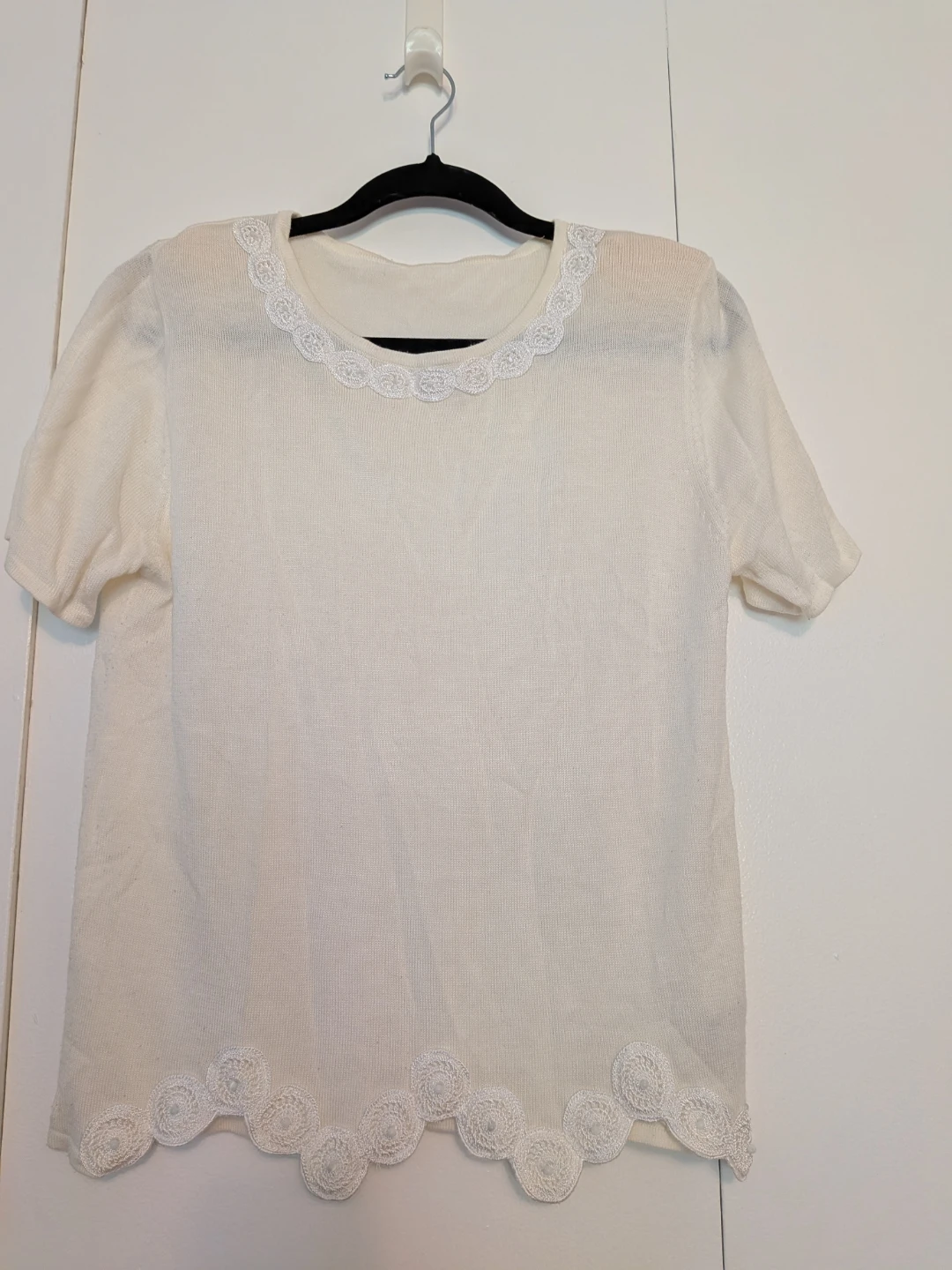 Cream Knit Top with Lace Trim