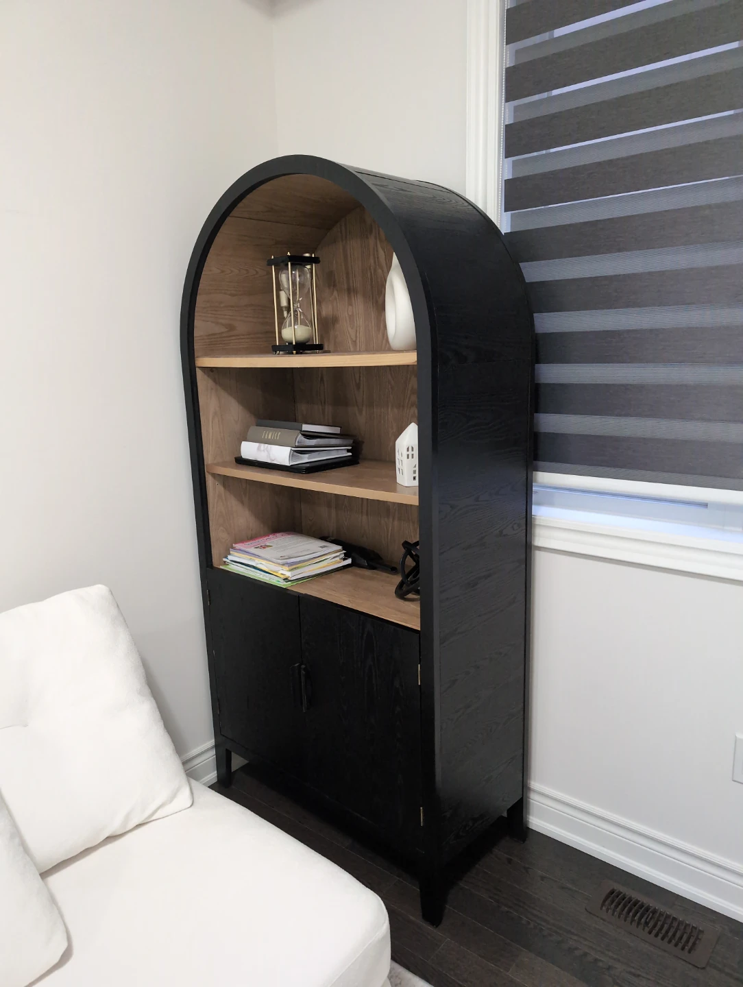 Arch Top Black Bookcase with Wood Shelves