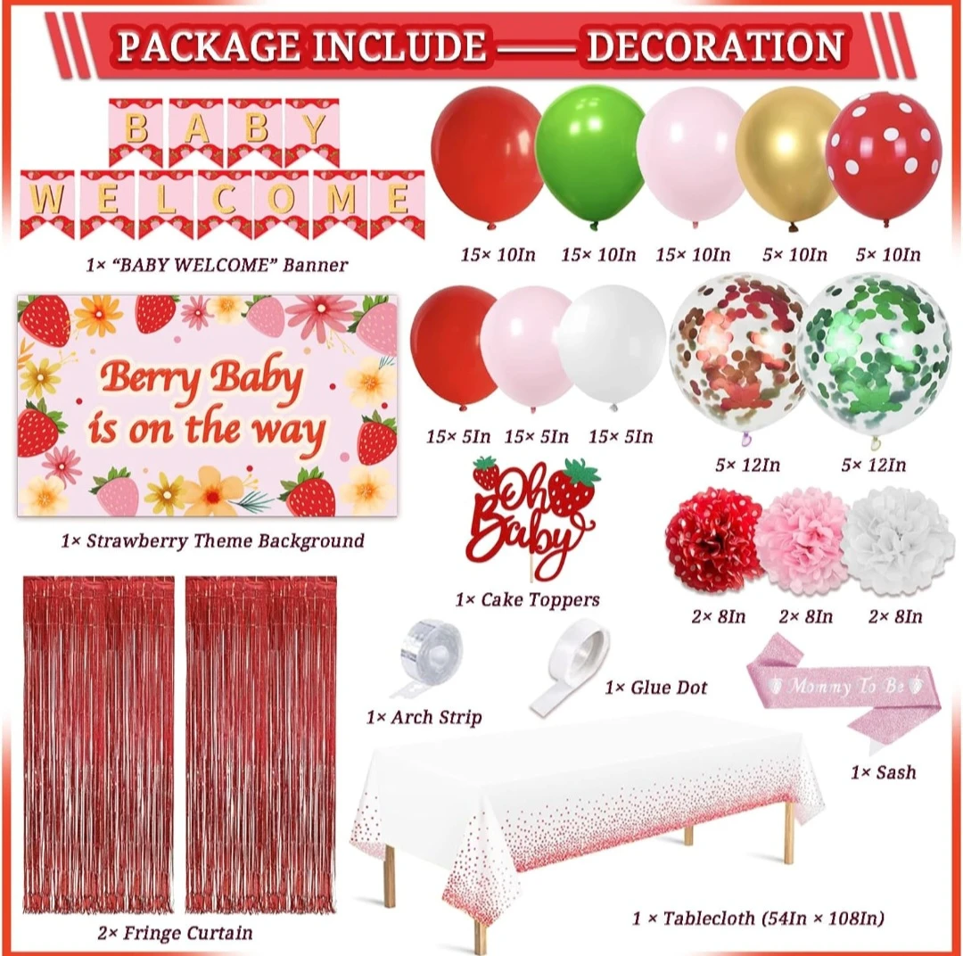 Strawberry "Berry Baby" Baby Shower Party Supplies Set - photo 2