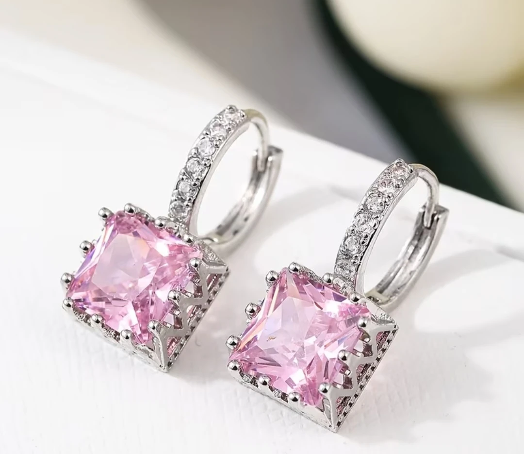 18K Gold Plated Pink Stone with Synthetic Cubic Zirconia Earring
