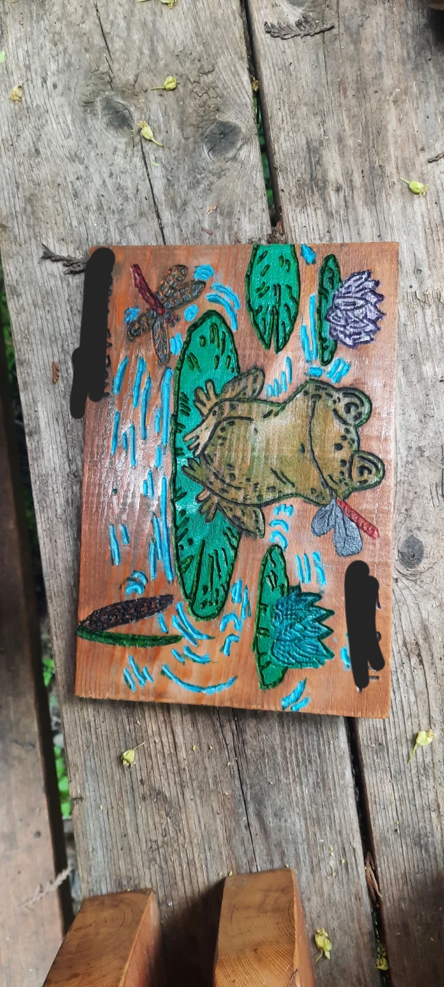 Hand-painted Wooden Plaque - Frog and Dragonflies