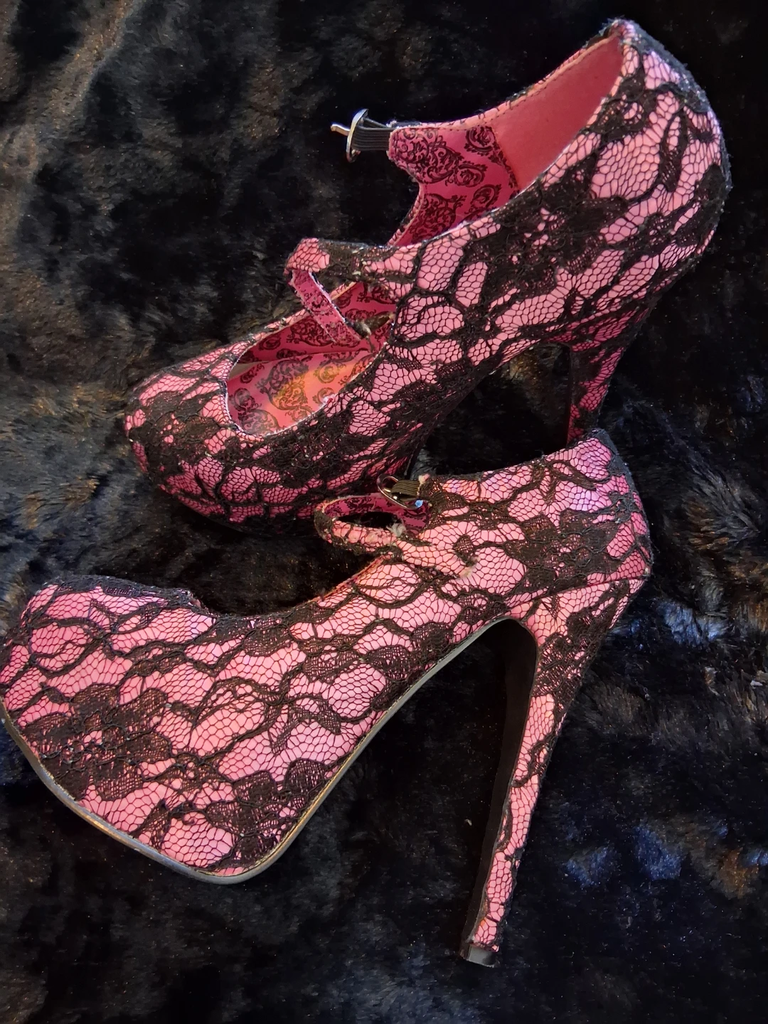 Bordello Pink and Black Lace Platform Mary Jane Heels