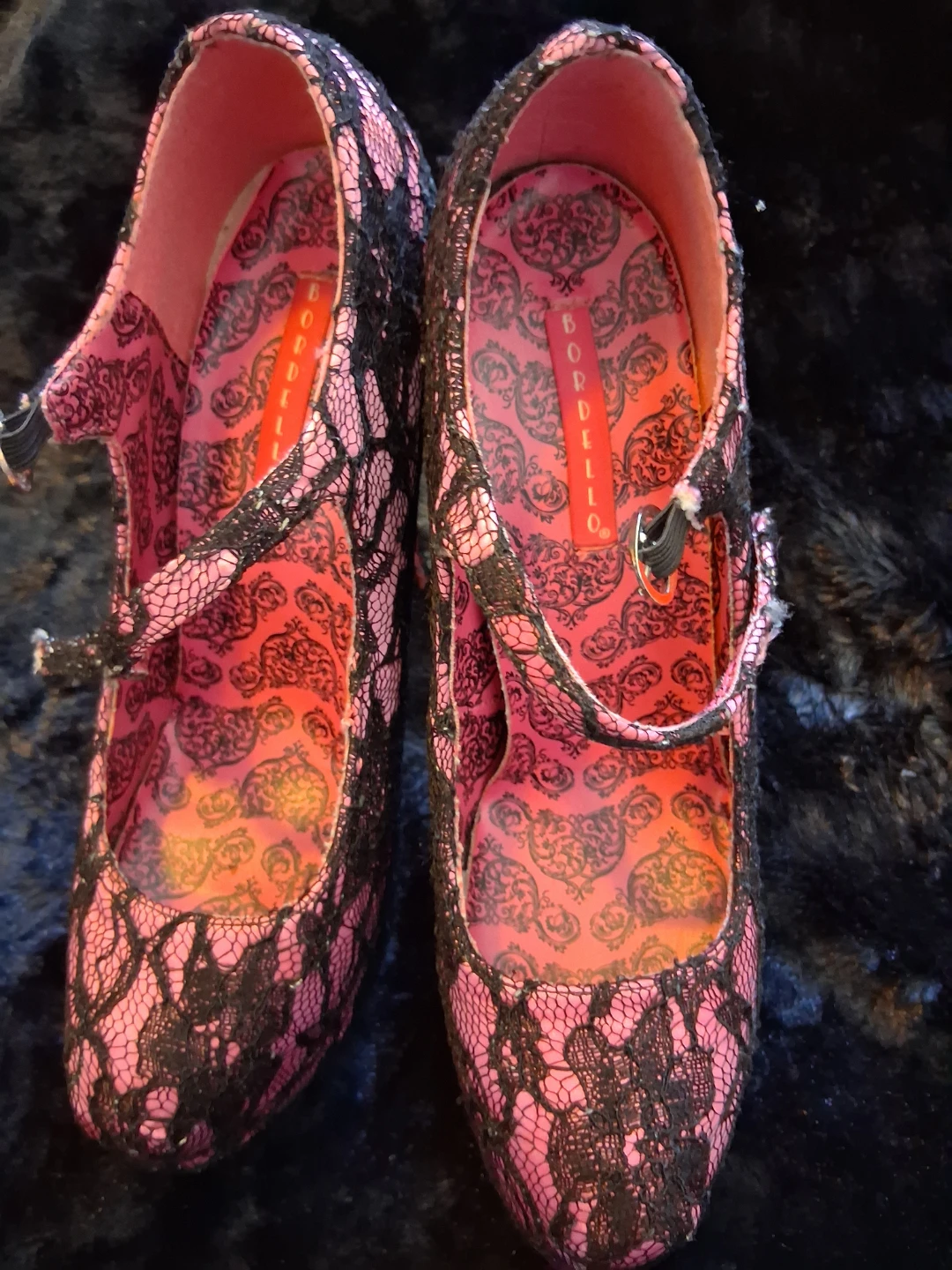 Bordello Pink and Black Lace Platform Mary Jane Heels - photo 2