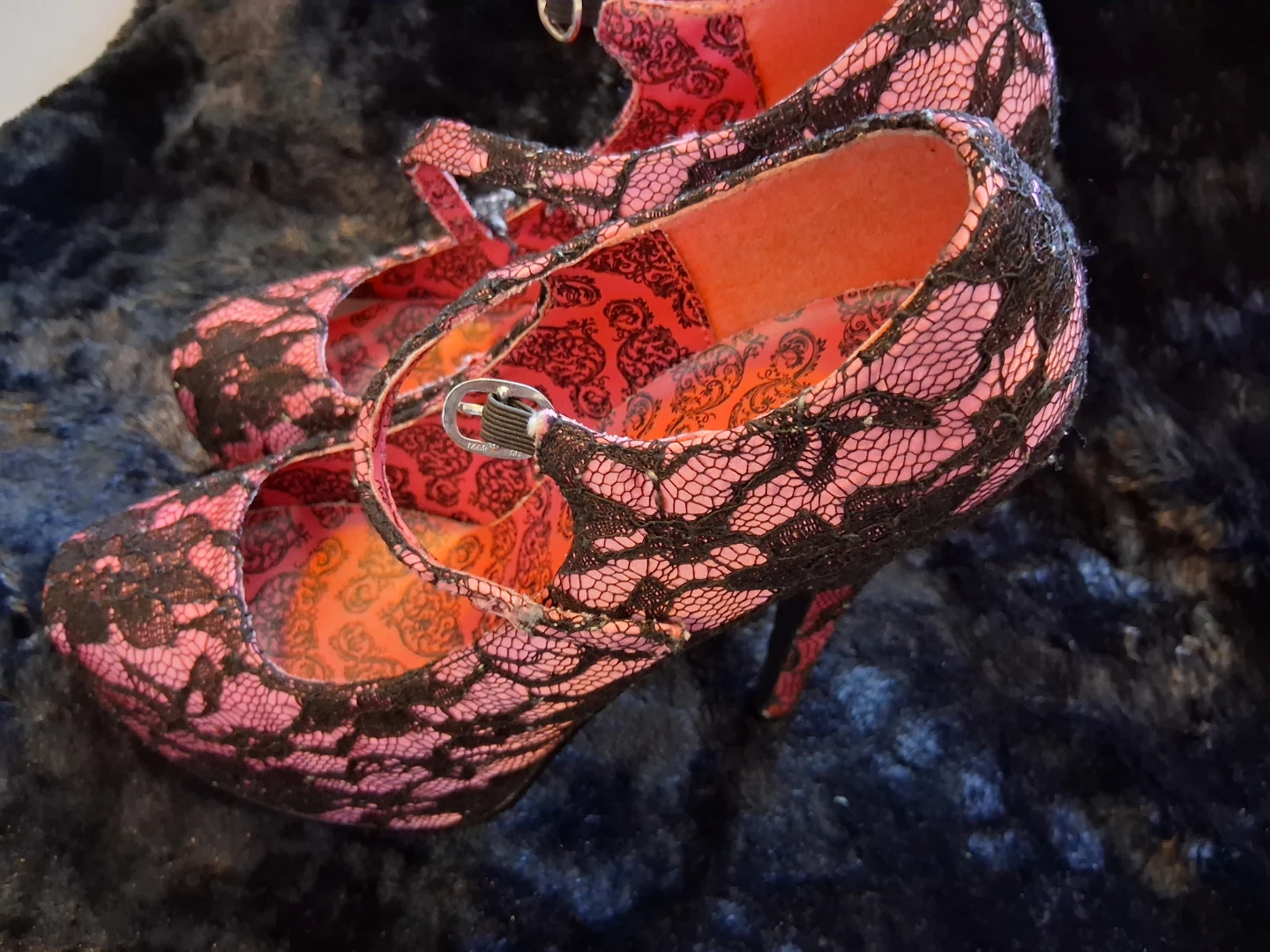 Bordello Pink and Black Lace Platform Mary Jane Heels - photo 3