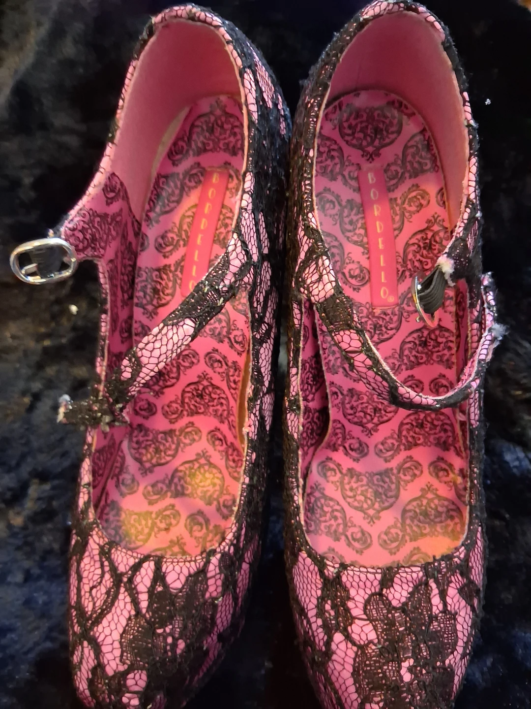 Bordello Pink and Black Lace Platform Mary Jane Heels - photo 4