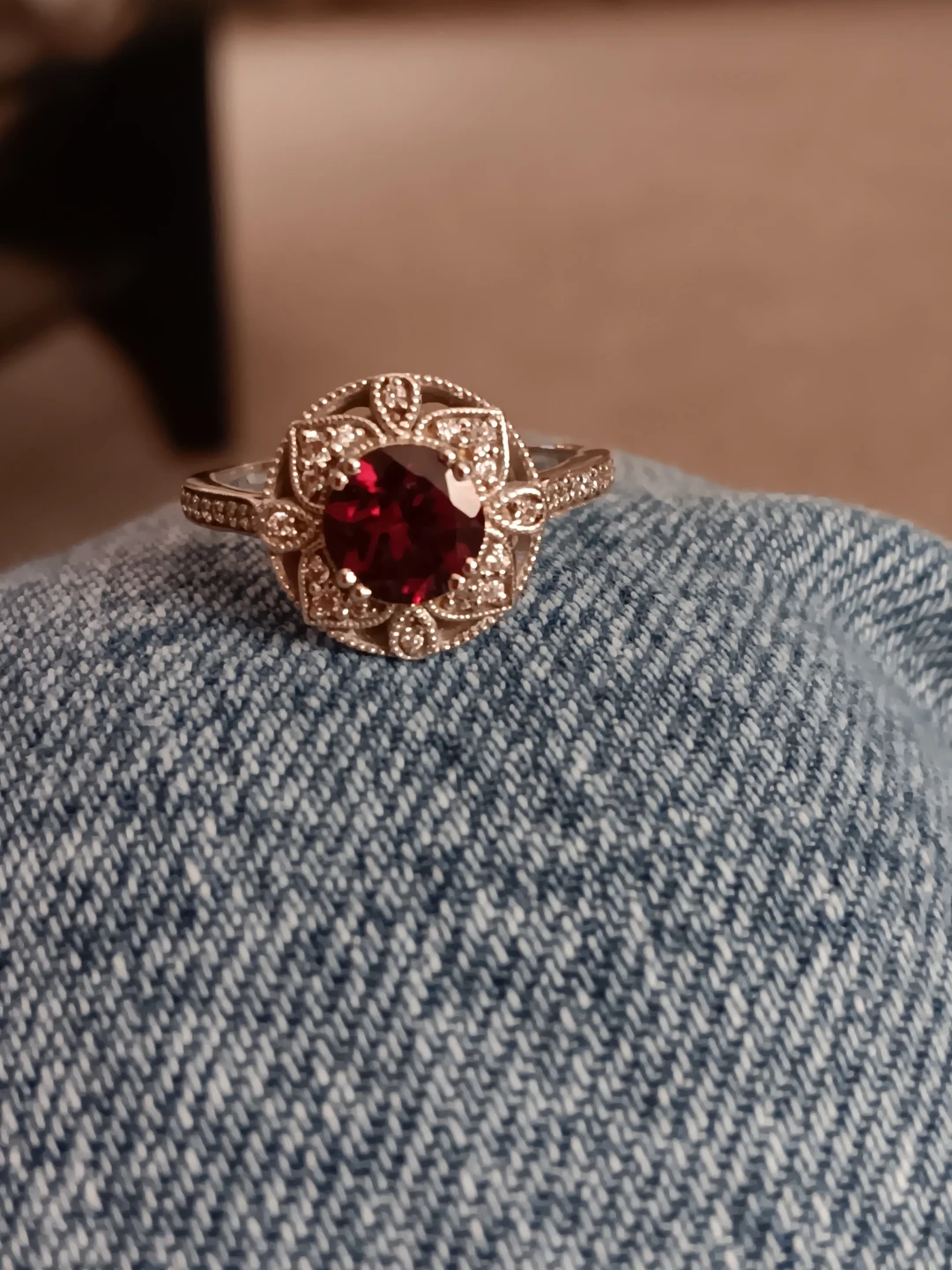 Red Stone & Diamond Accent Ring