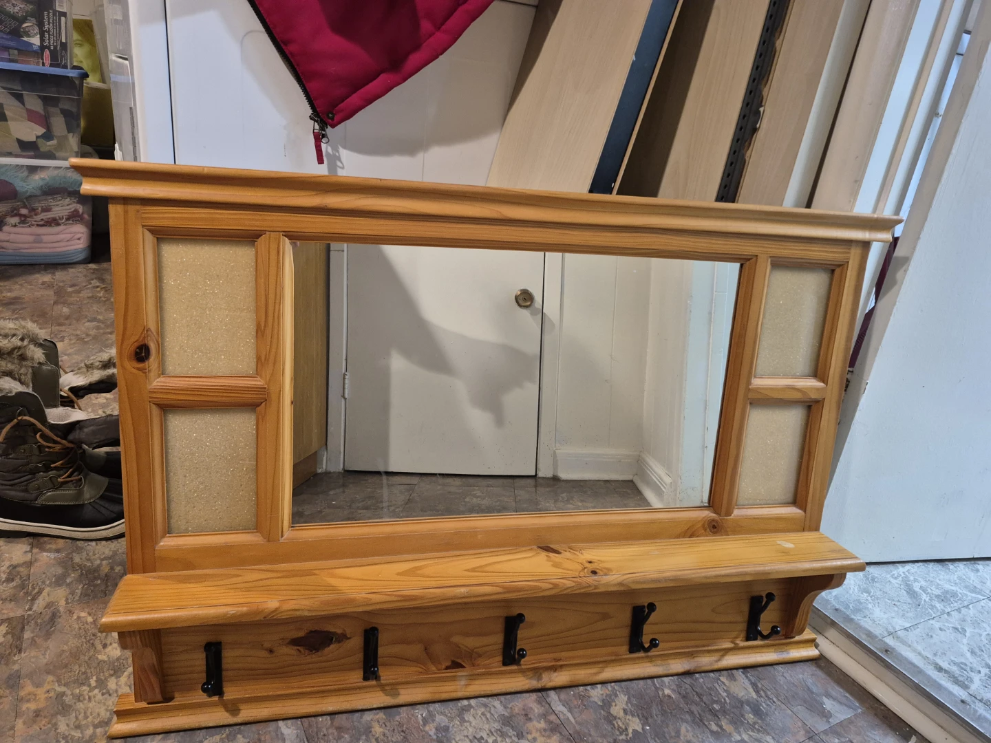 Wooden Mirror with Shelf and Hooks