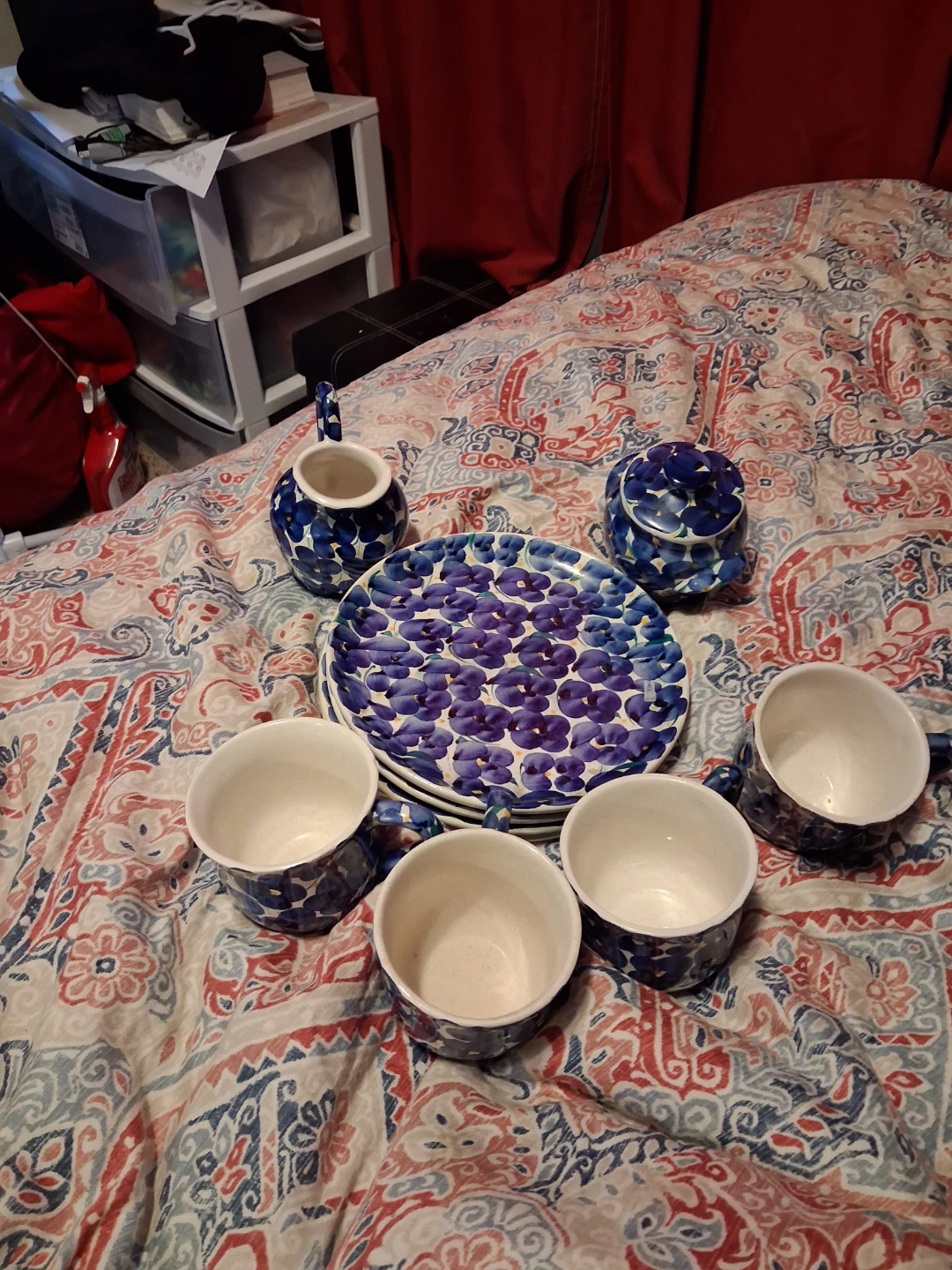 Blue Floral Ceramic Tea Set with Plates