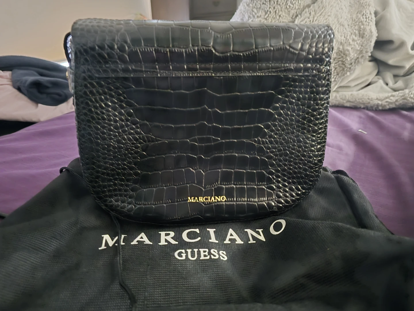 GUESS Marciano Black Crocodile Embossed Handbag
