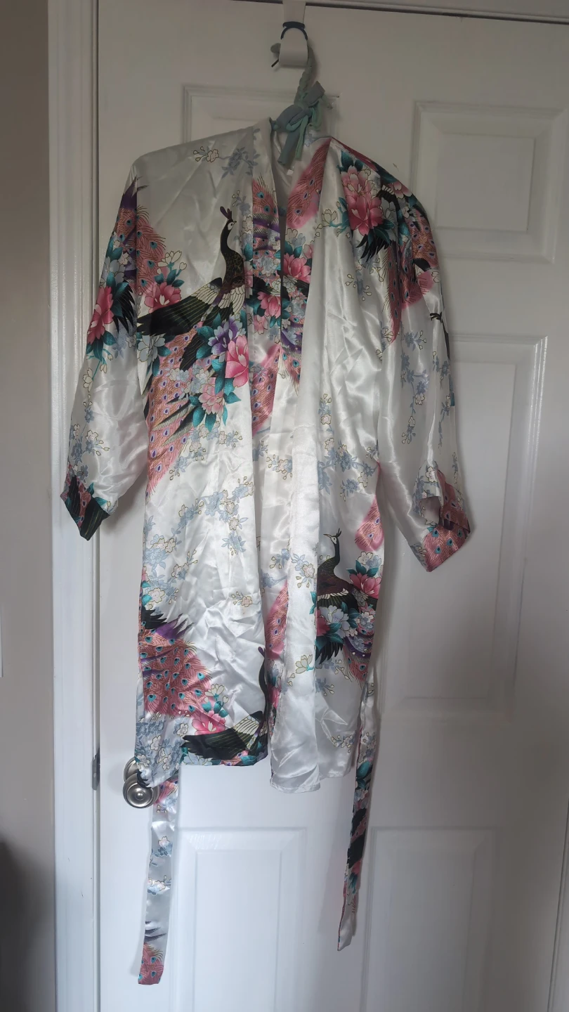 Satin Peacock Print Kimono Robe